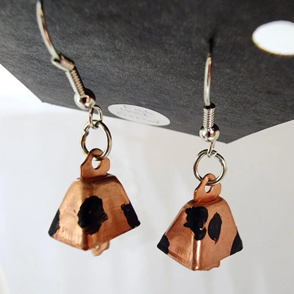 Copper Cow Bell Spot Handmade Craft Dangle Drop Pierced Earrings